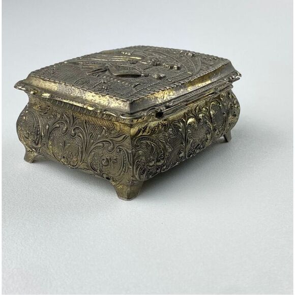 Vintage Ornate Silvertone Metal Footed Velvet Lined Trinket Box Made in Japan DP - Picture 6 of 10